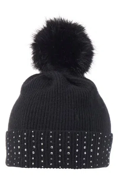 Sofia Cashmere Faux Fur Pom Embellished Cashmere Knit Beanie In Black