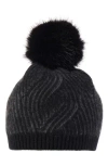Sofia Cashmere Faux Fur Pompom Plaited Rib Cashmere Knit Beanie In Black/grey