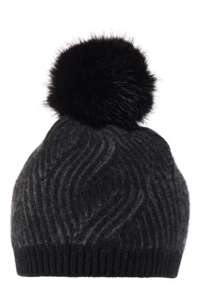 Sofia Cashmere Faux Fur Pompom Plaited Rib Cashmere Knit Beanie In Black/grey