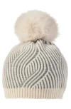 Sofia Cashmere Faux Fur Pompom Plaited Rib Cashmere Knit Beanie In Grey/ivory
