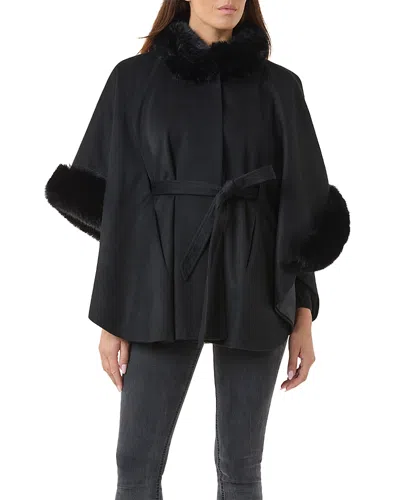 Sofia Cashmere Faux Fur Trim Cape Coat In Black