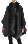 Sofia Cashmere Faux Fur Trim Cashmere Wrap In Black