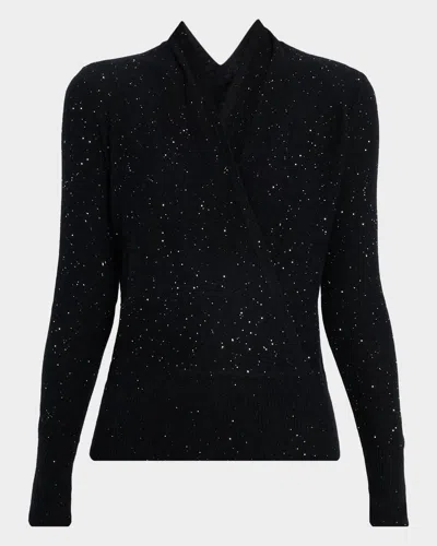 Sofia Cashmere Faux Wrap Sequin Knit Sweater In Black