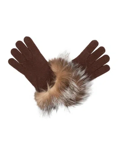 Pre-owned Sofia Cashmere Fur Trim Gloves W/tags In Brown