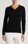 Sofia Cashmere Lace Trim V-neck Cashmere Sweater In Black