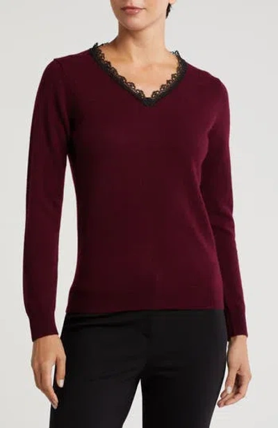 Sofia Cashmere Lace Trim V-neck Cashmere Sweater In Bordeaux