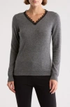 Sofia Cashmere Lace Trim V-neck Cashmere Sweater In Medium Grey