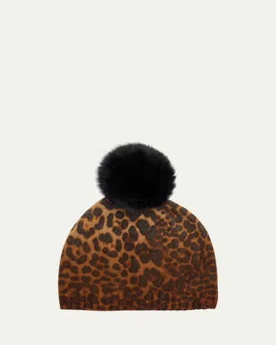 SOFIA CASHMERE LEOPARD PRINT CASHMERE & FAUX FUR POM BEANIE