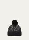 Sofia Cashmere Leopard Print Cashmere & Faux Fur Pom Beanie In Grey Leopard