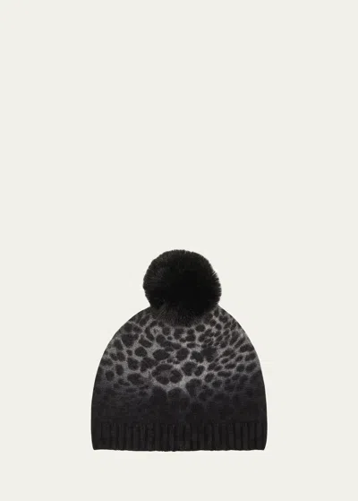 Sofia Cashmere Leopard Print Cashmere & Faux Fur Pom Beanie In Grey Leopard