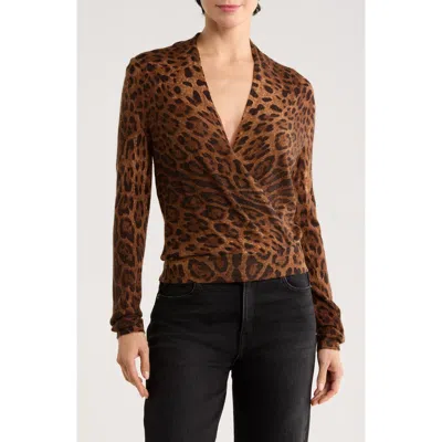 Sofia Cashmere Leopard Print Faux Wrap Wool Cashmere Blend Sweater In Brn