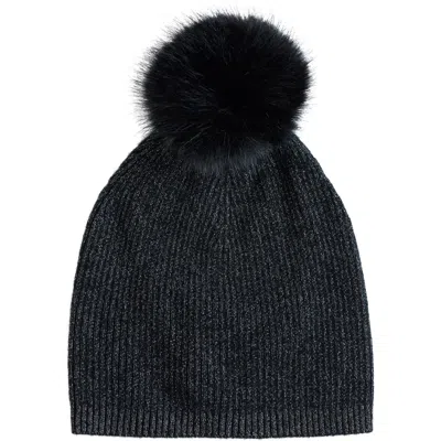 Sofia Cashmere Lurex® Rib Cashmere Beanie With Faux Fur Pom In Black