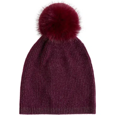 Sofia Cashmere Lurex® Rib Cashmere Beanie With Faux Fur Pom In Crnt