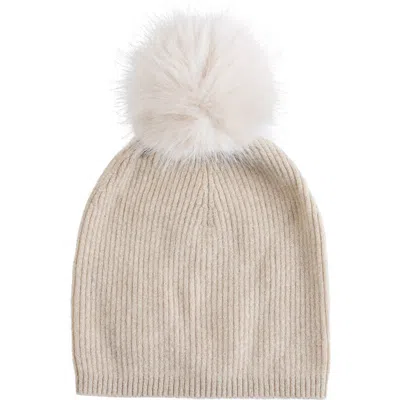Sofia Cashmere Lurex® Rib Cashmere Beanie With Faux Fur Pom In Oatmeal
