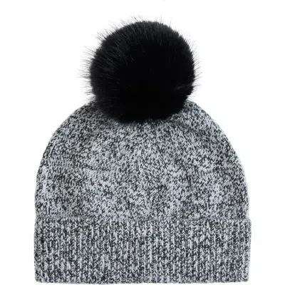 Sofia Cashmere Marled Cashmere Beanie With Faux Fur Pom In Black