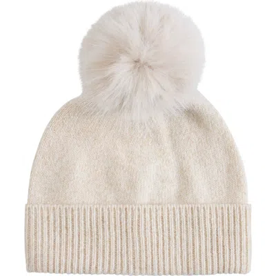 Sofia Cashmere Marled Cashmere Beanie With Faux Fur Pom In Oatmeal