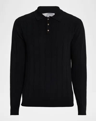 Sofia Cashmere Men's Cashmere Rib-knit Polo Sweater In Black