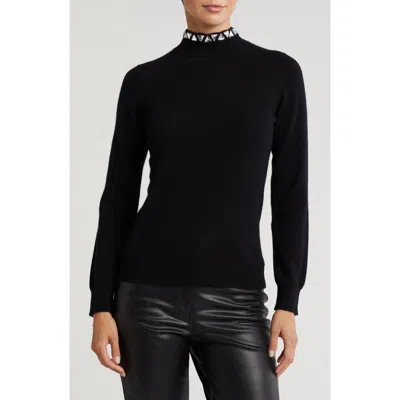Sofia Cashmere Mock Neck Stone Trim Cashmere Sweater In Black