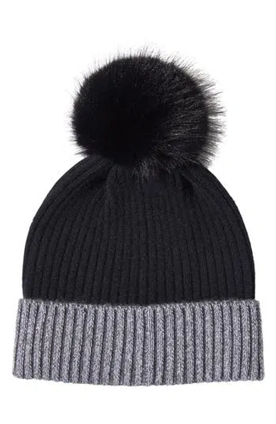 Sofia Cashmere Ribbed Cashmere Knit Beanie With Faux Fur Pompom In Black