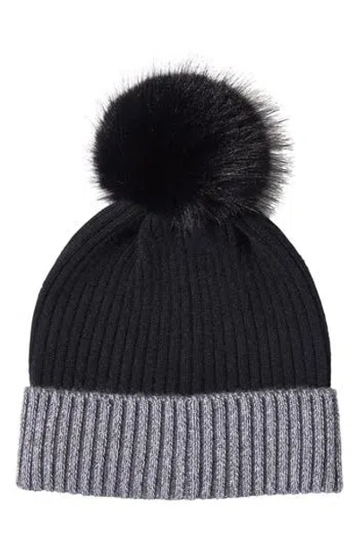 Sofia Cashmere Ribbed Cashmere Knit Beanie With Faux Fur Pompom In Black/charcoal