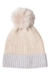 Sofia Cashmere Ribbed Cashmere Knit Beanie With Faux Fur Pompom In Pink