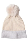Sofia Cashmere Ribbed Cashmere Knit Beanie With Faux Fur Pompom In Oatmeal/grey