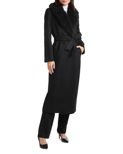 Sofia Cashmere Shearling Collar Belted Wrap Coat In Black