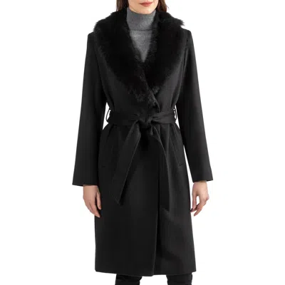 Sofia Cashmere Sofia Wool & Cashmere Blend Wrap Coat With Genuine Shearling Trim In Black