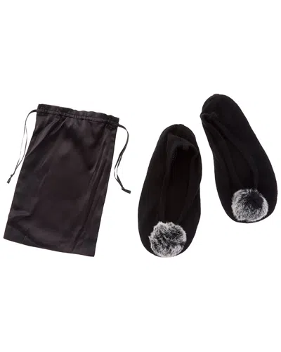 Sofia Cashmere Sofiacashmere Cashmere Knitted Ballet Slipper With Fox Pom & Drawstring Pouch In Black