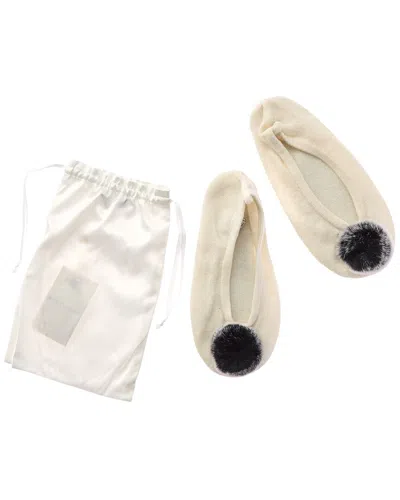 Sofia Cashmere Sofiacashmere Cashmere Knitted Ballet Slipper With Fox Pom & Drawstring Pouch In Neutral