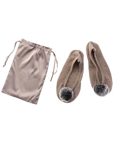 Sofia Cashmere Sofiacashmere Cashmere Knitted Ballet Slipper With Fox Pom & Drawstring Pouch In Neutral