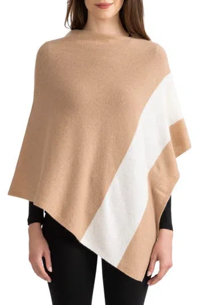 Sofia Cashmere Striped Cashmere Poncho In Camel/ivory