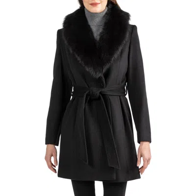 Sofia Cashmere Toscana Genuine Lamb Shearling Collar Wool Blend Coat In Black
