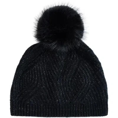Sofia Cashmere Wave Rib Beanie With Faux Fur Pom In Black