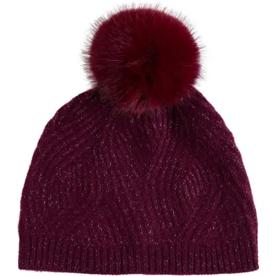 Sofia Cashmere Wave Rib Beanie With Faux Fur Pom In Burgandy