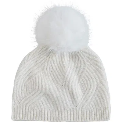Sofia Cashmere Wave Rib Beanie With Faux Fur Pom In Ivory