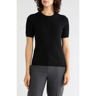 Sofia Cashmere Wide Rib Cashmere Short Sleeve Sweater In Black