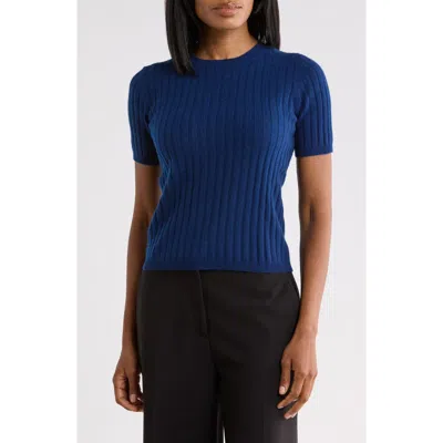 Sofia Cashmere Wide Rib Cashmere Short Sleeve Sweater In Blue