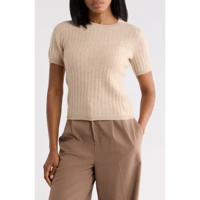 Sofia Cashmere Wide Rib Cashmere Short Sleeve Sweater In Brown