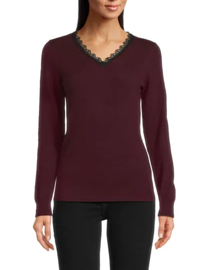 Sofia Cashmere Women's Lace V-neck Cashmere Sweater In Burgundy