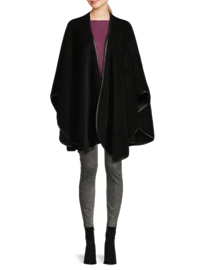 Sofia Cashmere Women's Leather Trim Open Front Cape In Black