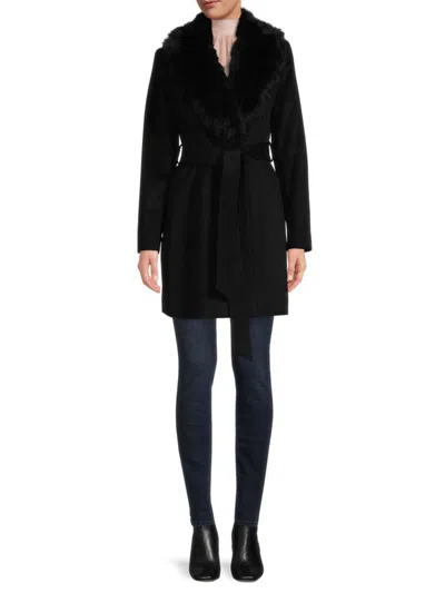 Sofia Cashmere Women's Shearling Collar Wrap Coat In Black
