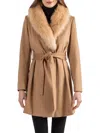 Sofia Cashmere Toscana Genuine Lamb Shearling Collar Wool Blend Coat In Camel