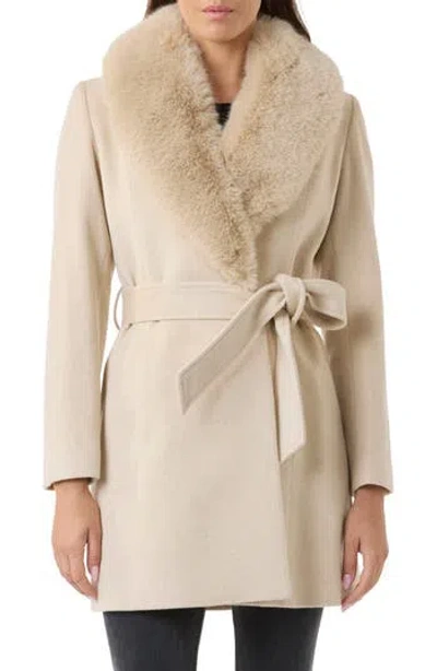 Sofia Cashmere Wool & Cashmere Blend Short Belted Wrap Coat With Faux Fur Trim In Oatmeal