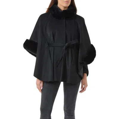 Sofia Cashmere Wool & Cashmere Cape With Faux Fur Trim In Black