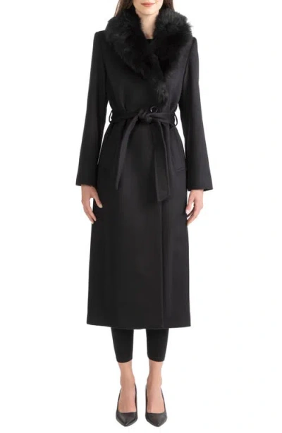 Sofia Cashmere Wool & Cashmere Longline Coat With Genuine Shearling Trim In Black