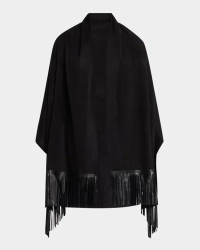 Sofia Cashmere Woven Cashmere Scarf W/ Leather Fringe In Black
