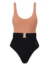 Sofia Erhan Belted Two-tone Swimsuit In Brown