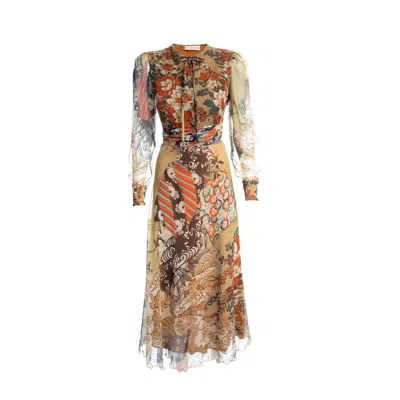 Sofia Tsereteli Women's Brown Long Olive Patterned Dress