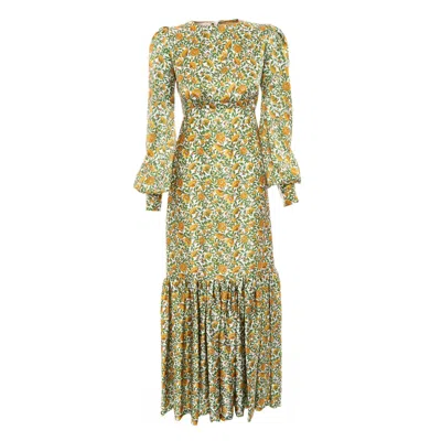 Sofia Tsereteli Long Silk Dress Botanica Print In Green